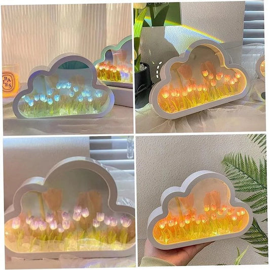 Lámpara de tulipán con espejo, luz nocturna, lámpara de escritorio con forma de nube de tulipán, adorno LED para mesita de noche