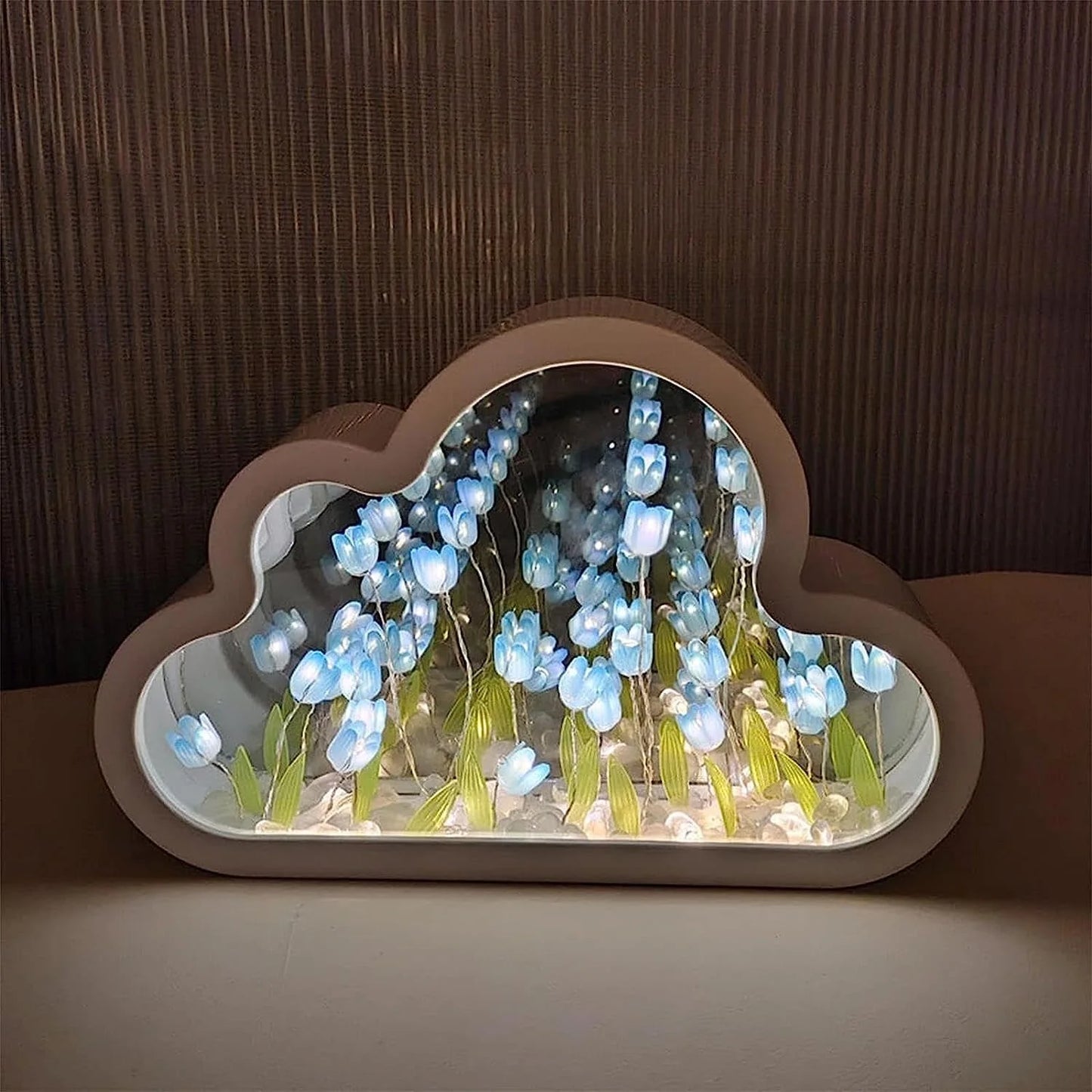 Lámpara de tulipán con espejo, luz nocturna, lámpara de escritorio con forma de nube de tulipán, adorno LED para mesita de noche