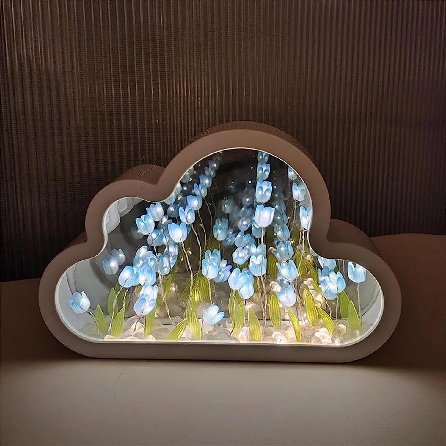 Lámpara de tulipán con espejo, luz nocturna, lámpara de escritorio con forma de nube de tulipán, adorno LED para mesita de noche