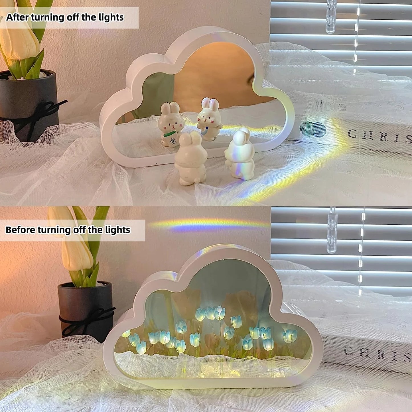 Lámpara de tulipán con espejo, luz nocturna, lámpara de escritorio con forma de nube de tulipán, adorno LED para mesita de noche