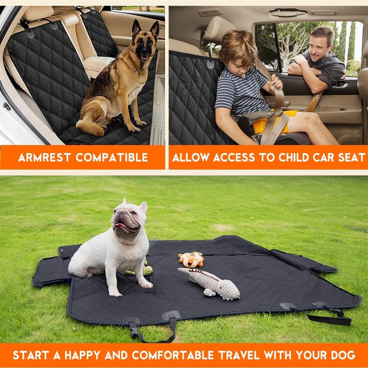 Funda para asiento trasero de coche para perros, protector impermeable para asiento de coche.- Negro