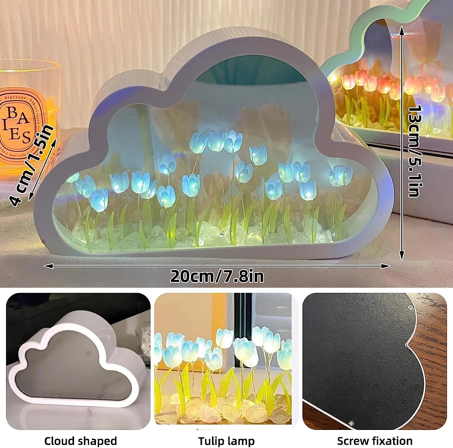 Lámpara de tulipán con espejo, luz nocturna, lámpara de escritorio con forma de nube de tulipán, adorno LED para mesita de noche